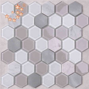 Nieuwste ontwerp keuken en badkamer interieurdecoratie Waterjet zeshoek metaalglas Gemengde marmeren vloer Mozaïektegel