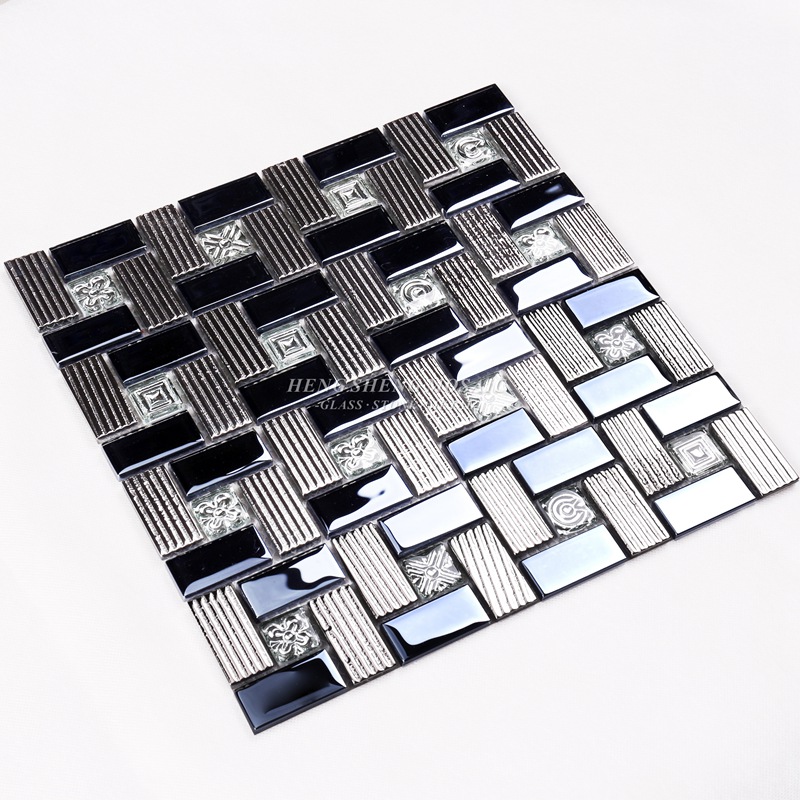 HDT01 12x12 vierkant patroon galvaniseren glanzend zwart en splinter iriserend glasmozaïek decoratieve wandtegels
