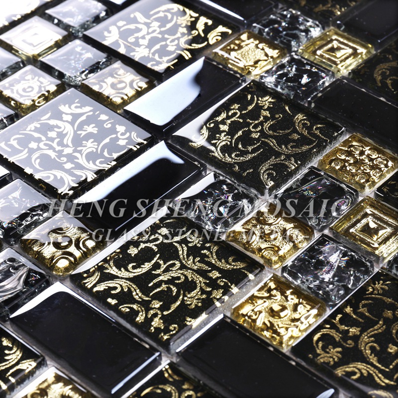 HDT02 Arabesque Nieuw Ontwerp Gouden lijn Gelamineerd Zwart Glas Art Bloem Mozaïek Patroon Tegels voor keuken Backsplash Muur